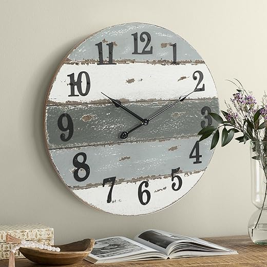 RiteSune Coastal Wall Clock 18'' - Rustic Wooden Round Clocks Battery Operated Beach Themed Decorative Wall Clock for Living Room, Kitchen, Bedroom, Kitchen, Home Office Reloj de Pared