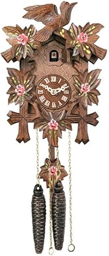 River City Clocks 9 Day Carved Mechanical Cuckoo Hand Flowers, Five Maple One Bird Wall Clock, Brown with Painted Leaves