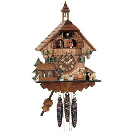 River City Clocks One Day Musical Cuckoo Clock Cottage - Boy and Girl Kiss, Waterwheel Turns