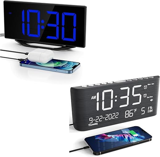 Roxicosly Loud Digital Wooden Alarm Clock, Electric Clocks with 8.7 Large LED Display, 2 USB Charging Ports, 2 Alarms, 9 Mins Snooze, 5 Levels Volume and Dimmable,Battery Backup,Snooze,DST