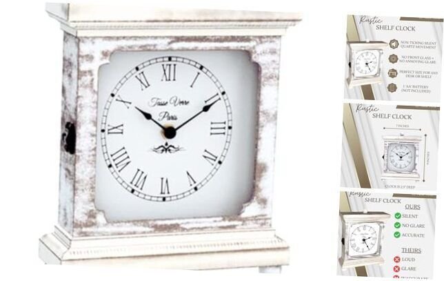 Rustic Shelf Clock (Quiet) for Living Room Mantel, Table, Or Desk 9" X 7" Tan