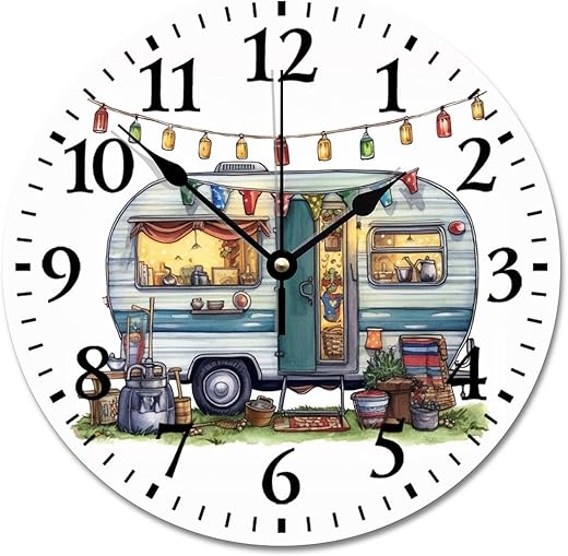 RV Vintage Wall Clock Fifth Wheel Camper Travel Trailer Wood Clock 10 in Silent Non-Ticking Wooden Wall Clocks Battery Operated Living Room Bedroom Kitchen Farmhouse Decor