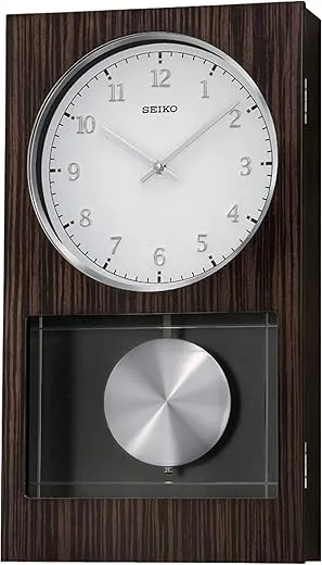 Seiko Modern Dark Wooden Wall Clock with Pendulum and Dual Chimes