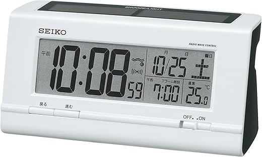 Seiko SQ766W Seiko Clock Alarm Clock, Hybrid Solar Radio, Digital Calendar, Temperature Display, White, Pearl