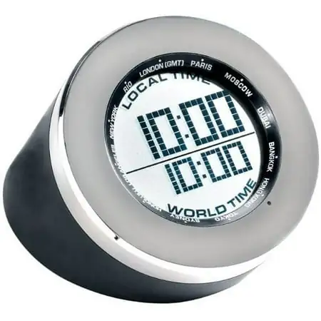 Seth Thomas Silver Tone Metal and Black Rubber Case Grey with Digital LCD Dial Round Multifunction Desk Clock