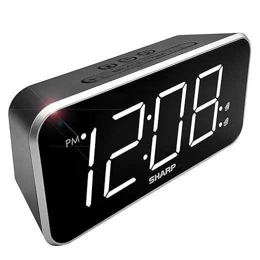 Sharp Alarm Clock Jumbo Easy to Read Display – 3 Step Dimmer Control – Dual Alarms, Battery Back-up, Black with White LED