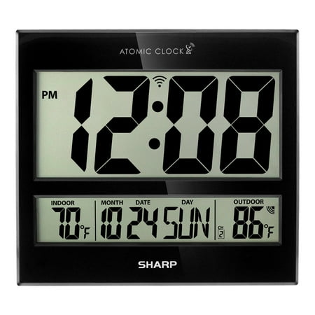 Sharp Atomic Clock Jumbo 3 LED Display In/ Out Temp Calendar Color Black Classic Decor Style