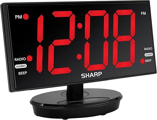 SHARP Digital Alarm Clock, 8.9" Extra Large LED Clock with Tilt and Swivel Display, AccuSet Automatically Sets The Time, Dual USB Charger Ports, FM Radio, 3 Level Adjustable Dimmer Brightness