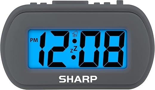 SHARP Digital Alarm Clock – Tactile Plastic Case with Soft Rubberized Finish - Battery Operated – Blue Backlight on Demand – Ascending Alarm – Easy to Use – Charcoal Black