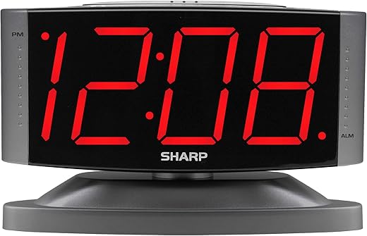 SHARP Home LED Digital Alarm Clock – Swivel Base - Outlet Powered, Simple Operation, Alarm, Snooze, Brightness Dimmer, Big Red Digit Display, Gun Metal Grey Case