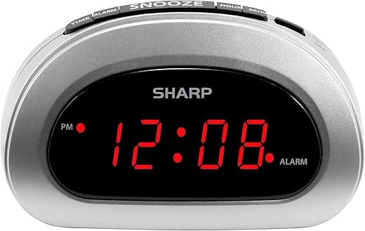 SHARP Small Digital Alarm Clock with Snooze and Battery Backup, Easy to Use Top Button Controls for Simple Use, Silver Case with Red Easy to Read LED Display