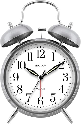 SHARP Twin Bell Alarm Clock - Loud Alarm - Great for Heavy Sleepers - Battery Operated Quartz Analog … (Brushed Silver)