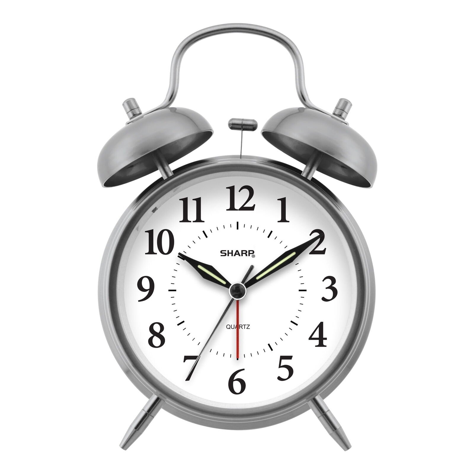 SHARP Twin Bell Quartz Analog Alarm Clock Silver Brushed Metal Battery Operated