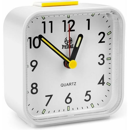 -- Silent Analog Alarm Clock, Morning Alarm Clock Bedside Plastic Quartz Alarm Clock, Small Non-Ticking Battery Operated Alarm Clock, Travel Alarm Clock with Illuminated Snooze for Bedroom (White)