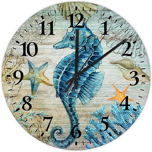 Silent Wall Clock Analog Round Non-Ticking Nautical Beach Ocean Theme Underwater Sea Horse Beautiful Wall Clocks Sea Animal Turtle Octopus Crab Wooden Wall Decor for Restroom Home Art Room 15 inch