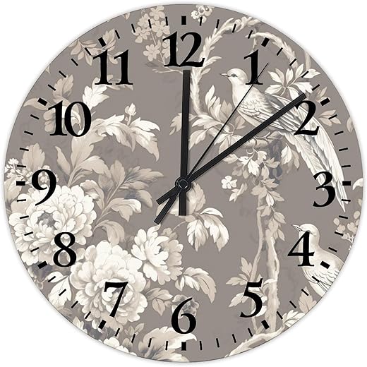 Silent Wall Clock Round Silent Non-Ticking Tan French Country Toile Floral Birds Custom Wall Clocks Flying Birds with Flowers Home Decoration for Workshop Patio Gym 12 inch