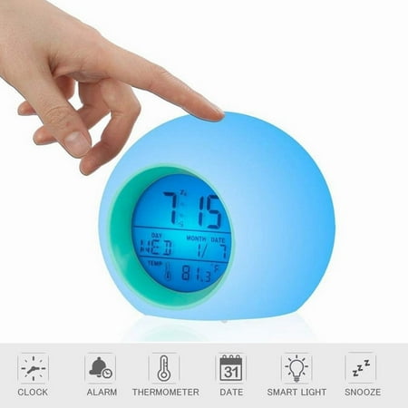 Small Alarm Clock Radio for Bedrooms with 7 Color Night Light, Dual Alarm, Dimmer, USB Charger, Battery Backup, Nap Timer