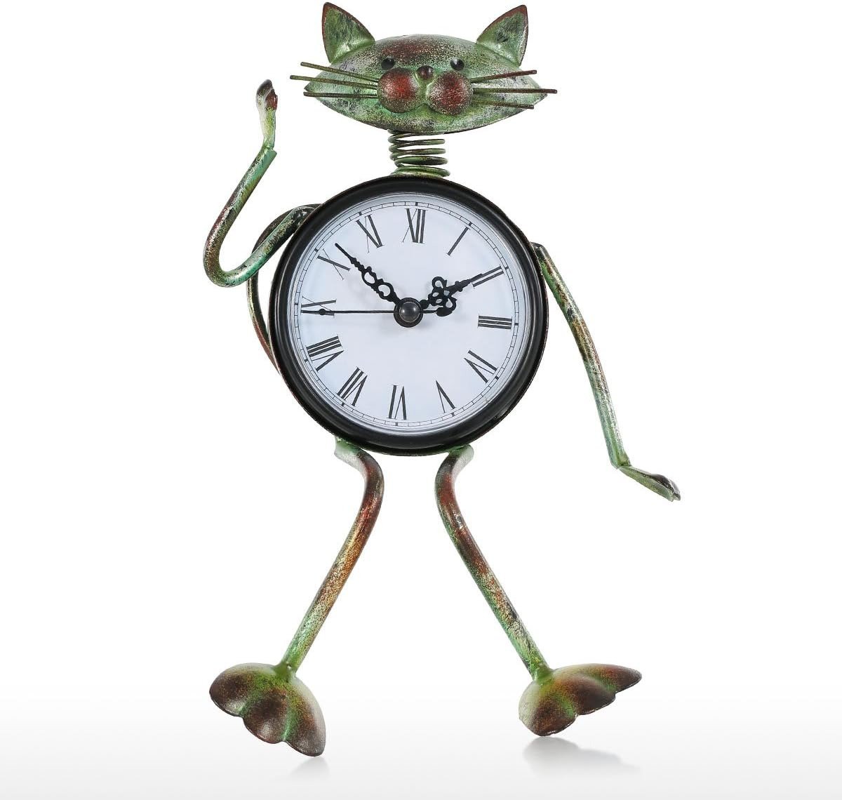 Small Cat Desk Clock Handmade Vintage Metal Cat Figurine Decorative Table Animal