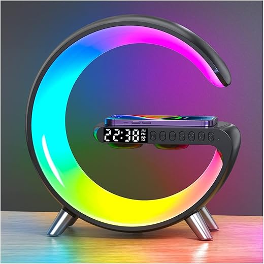 Smart LED Table Lamp, 4-in-1 Wireless Charger, Night Light, Alarm Clock, and Bluetooth Speaker with App Control for Bedroom, Office, and Home Decor (Black)