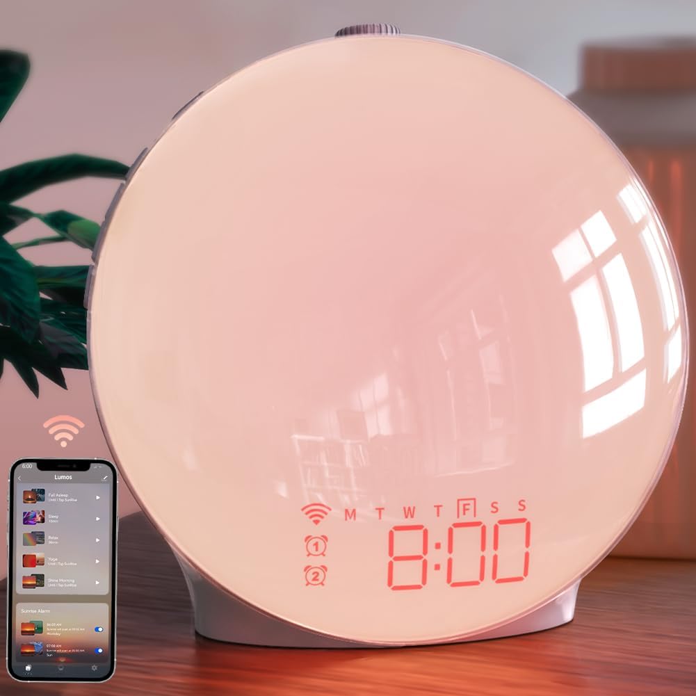 Smart Sunrise Alarm Clock, Wake-up Light Compatible with Alexa, App Control, FM Radio, Sunset Night Light, Dual Alarms with Snooze Function for Heavy Sleepers, Adults & Kids