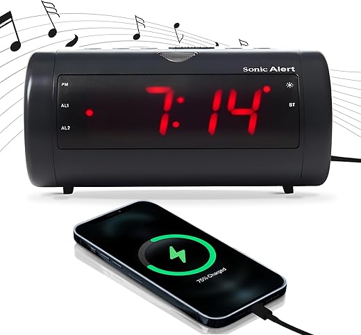 Sonic Blast Digital Alarm Clock – Loud Alarm Clock for Heavy Sleepers – Bedside Alarm Clock – Android & iOS Compatible - Bluetooth Speaker, USB Port – AUX Compatible