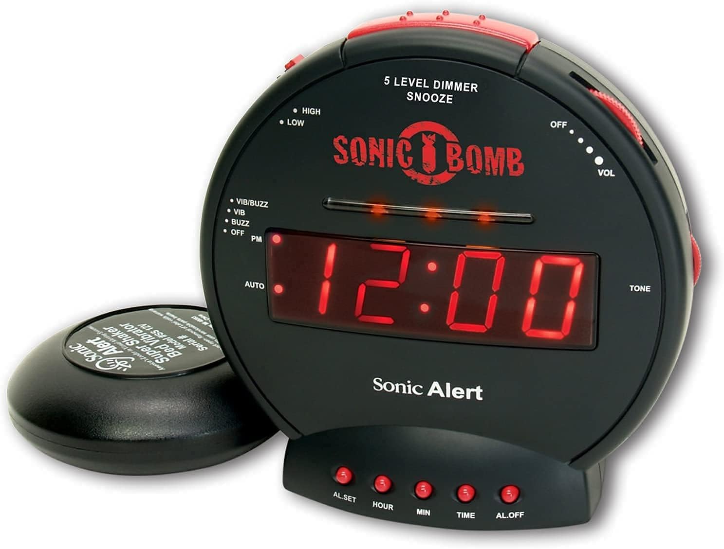 Sonic Bomb Dual Extra Loud Alarm Clock with Bed Shaker, Black | Sonic Alert Vibrating, Heavy Sleepers, Battery Backup | Wake with a Shake