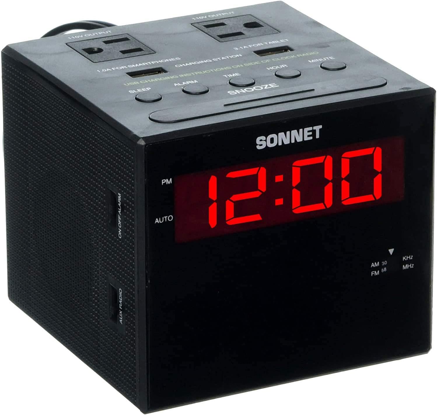 Sonnet Alarm Clock Charging Station, AM FM Radio, Dual USB Charging Ports, Dual AC Outlets, Very Loud Alarm Clock for Heavy Sleepers and The Hearing Impaired for Desk, Bedroom