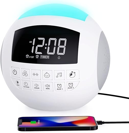 Sound Noise Machine for Baby Kids Adults Sleeping,42 Soothing White|Nature|Fan|Lullaby Sounds with 7 Colors Night Light,6 Timers&16 Volumes,Dual Alarm Clock with 2 USB Ports for Bedroom Office Privacy