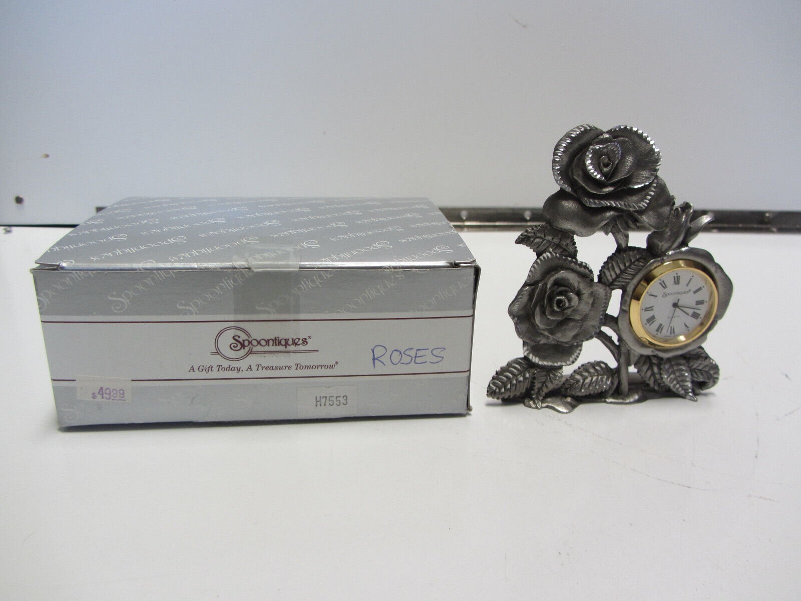 SPOONTIQUES PEWTER #7553 DESK CLOCK ROSES 4-1/4" TALL