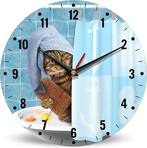 SPUNKER Wall Clock,Bathing Cat Kitchen Wall Clock,Cute Funny Clocks 10 Inch Silent Non-Ticking Wall Battery Operated for Living Room Bedroom Bathroom Laundry Room Decor