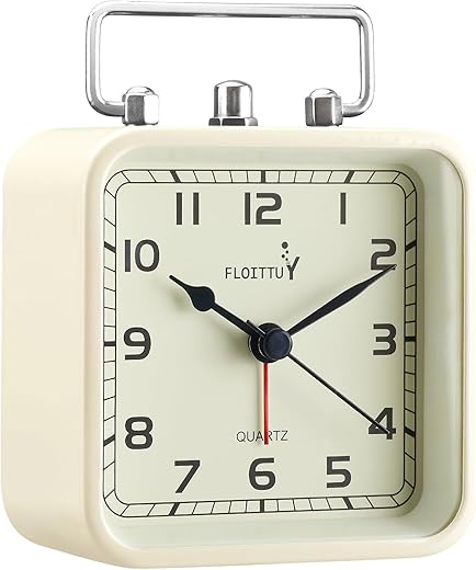 Square Metal Beep Alarm Clock Silent No Ticking, Snooze and Battery Operated, Night Light and Desk Clock for Bedroom/Travel/Kids, Easy Set(Cream White)