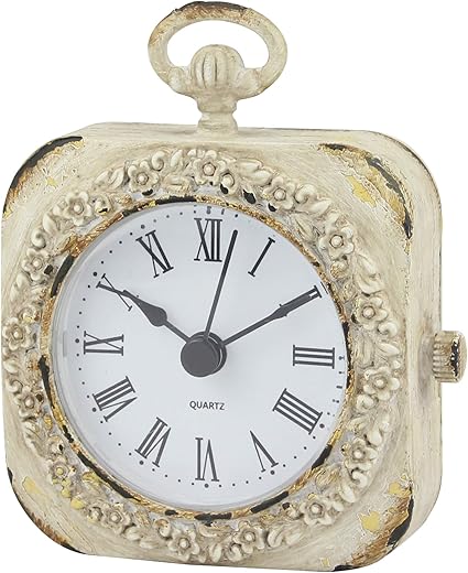 Stonebriar Small 4 Inch Decorative Table Top Clock with Roman Numerals and Antique White Finish