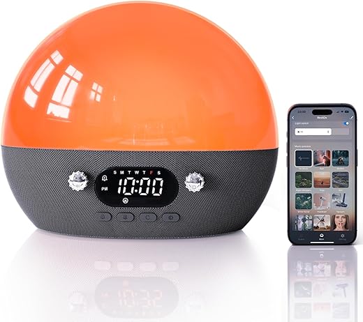 Sunrise Alarm Clock- Bluetooth Speaker with Smart Alarm Clocks for Bedrooms, Alexa & APP Control, 11 White Noise Sound Machine, Sunset Night Light Wake up Light for Kids& Heavy Sleepers