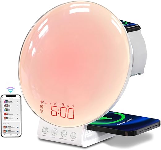 Sunrise Alarm Clock with Wireless Charging Station for Kids &Adults, Compatible with Apple Watch/Airpods/iPhone Samsung, 11 Night Light Effects, Sound Machine, Smart APP &Voice Control