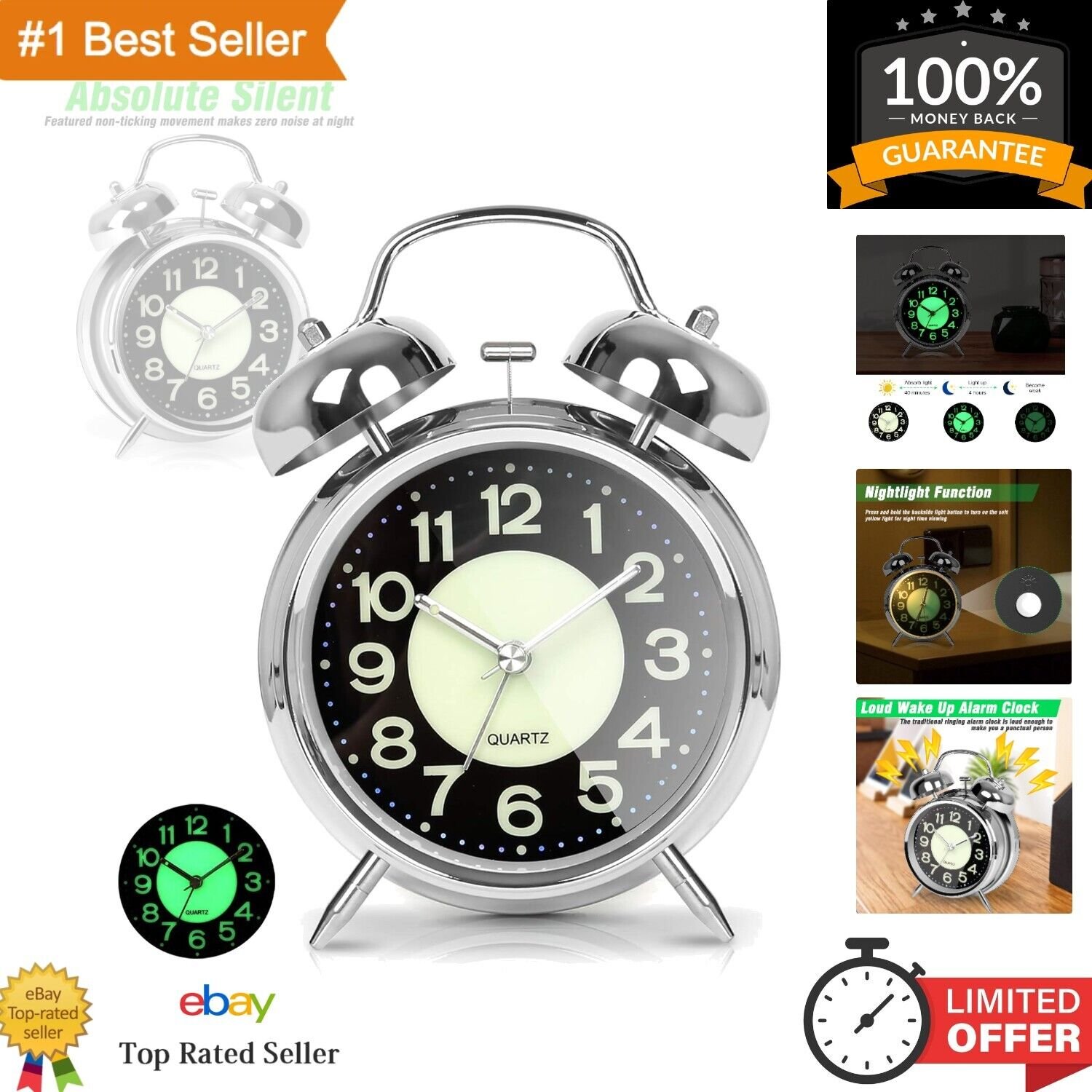 Super Loud Alarm Clock for Heavy Sleepers Adults,Twin Bell Retro 4 Inch Silen...