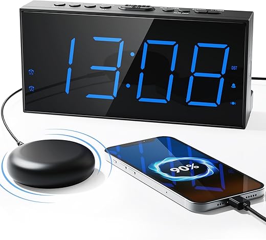 Super Loud Alarm Clock with Bed Shaker, Vibrating Alarm Clock for Heavy Sleepers Hearing Impaired Deaf Teens, Dual Clock with 7.5’’ Large Display, USB Charger, Dimmer, Snooze & Battery Backup