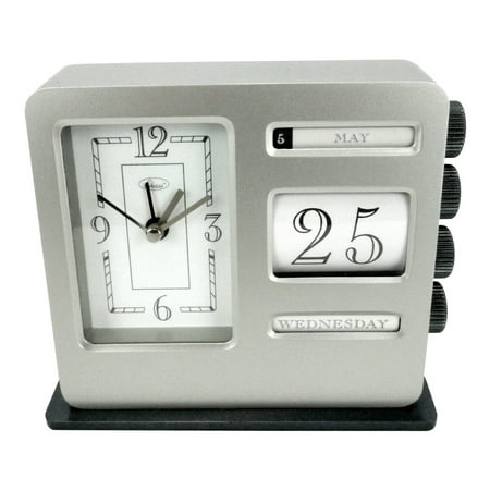 Sweda - Chass Banker's Desk Analog Alarm Clock & Calendar, Silent Non Ticking, Scroll Wheels for Setting Dates Manually Every Day