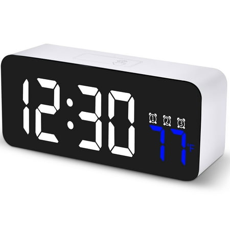 SZELAM Digital Alarm Clocks Bedside with Temperature Display Snooze Brightness Voice Control, 12/24hr, USB Battery Powered LED Alarm Clock with 3 Alarms for Bedside Bedroom Office Travel, White