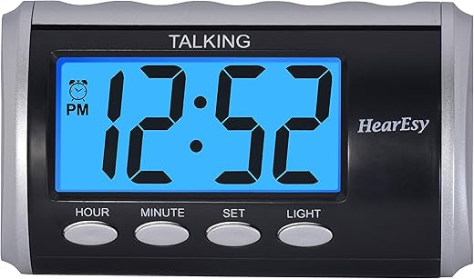 Talking alarm clock for Visually Impaired - Large Numbers Desk Clock - Day Clock for Seniors - Battery Operated Large Display , Digital Clock, Digital (Silver)