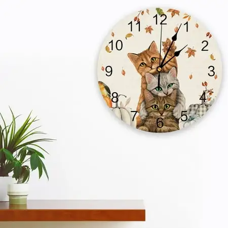 Thanksgiving Fall Pumpkin Maple Cat Wall Clock Modern Design Silent Wall Watch for Bedroom Kitchen Round Hanging Clocks