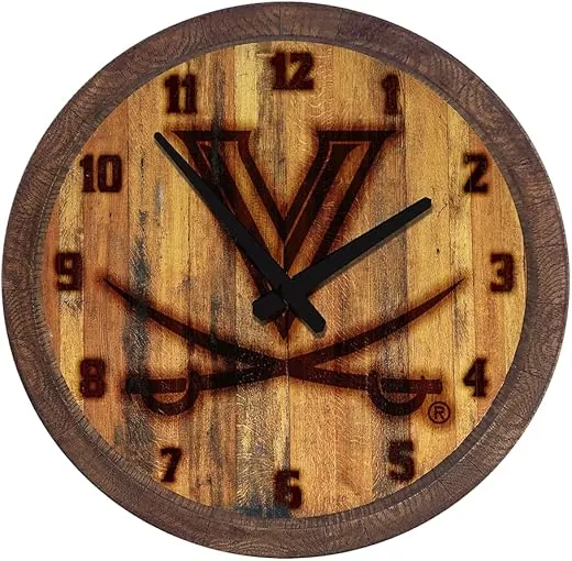 The Fan-Brand NCAA Virginia Cavaliers: Branded Faux Barrel Top Wall Clock - Sports Team Bar Sign Décor - Home Man Cave, Party Decoration - Made On Demand