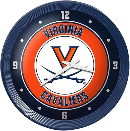 The Fan-Brand NCAA Virginia Cavaliers: Ribbed Frame Wall Clock - Sports Team Bar Sign Décor - Home, Dorm, Office, Fan Cave, Garage