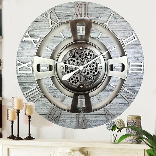 The Gears Clock Real Moving Gear Wall Clock England Line (Silver Grey, 24 inches (60 cm))