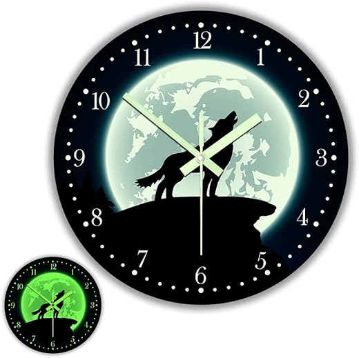 The Geeky Days Glow in The Dark Wall Clock, Howling Wolf with Moon 12inch Modern Luminous Silent Clock, Battery Operated Quartz Wildlife Animal Grey Wolf Acrylic Round Watch Man Cave Decor