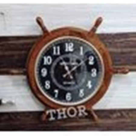 Thor Instruments Nautical Brown Wooden Clock Wheel Design Wall Hanging Decor (25 Inches)