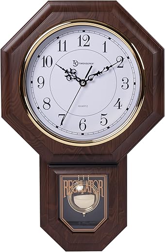 Timekeeper Essex Westminster Chime Faux Wood Pendulum Wall Clock, 17.5 x 11.25, Walnut