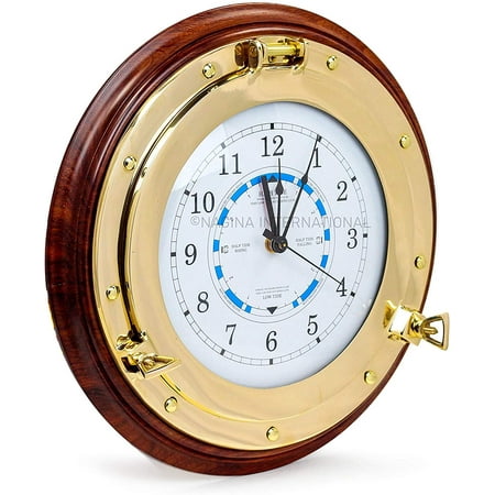 Time & Tide Clock Fitted On Solid Brass Polished Porthole - Mounted On Wooden Base (8 Inches)