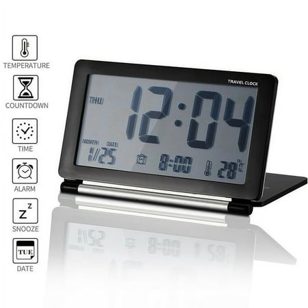 Travel Clock, Large Number Display Alarm Clock with Temperature, Battery Powered Small Desk Clock -Black