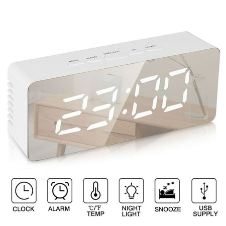 TSV USB Powered Alarm Clock, Portable Modern Battery Operated Mirror Clock, Large Digital LED Display, Smart Snooze Multi-Function 12/24h Format Temperature, Adjustable Brightness