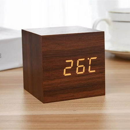 Tswift Alarm Clock, Wooden Led Clock Square Cube Alarm Timer Calendar Updated 2016 Brighter Stylish Wood Clock